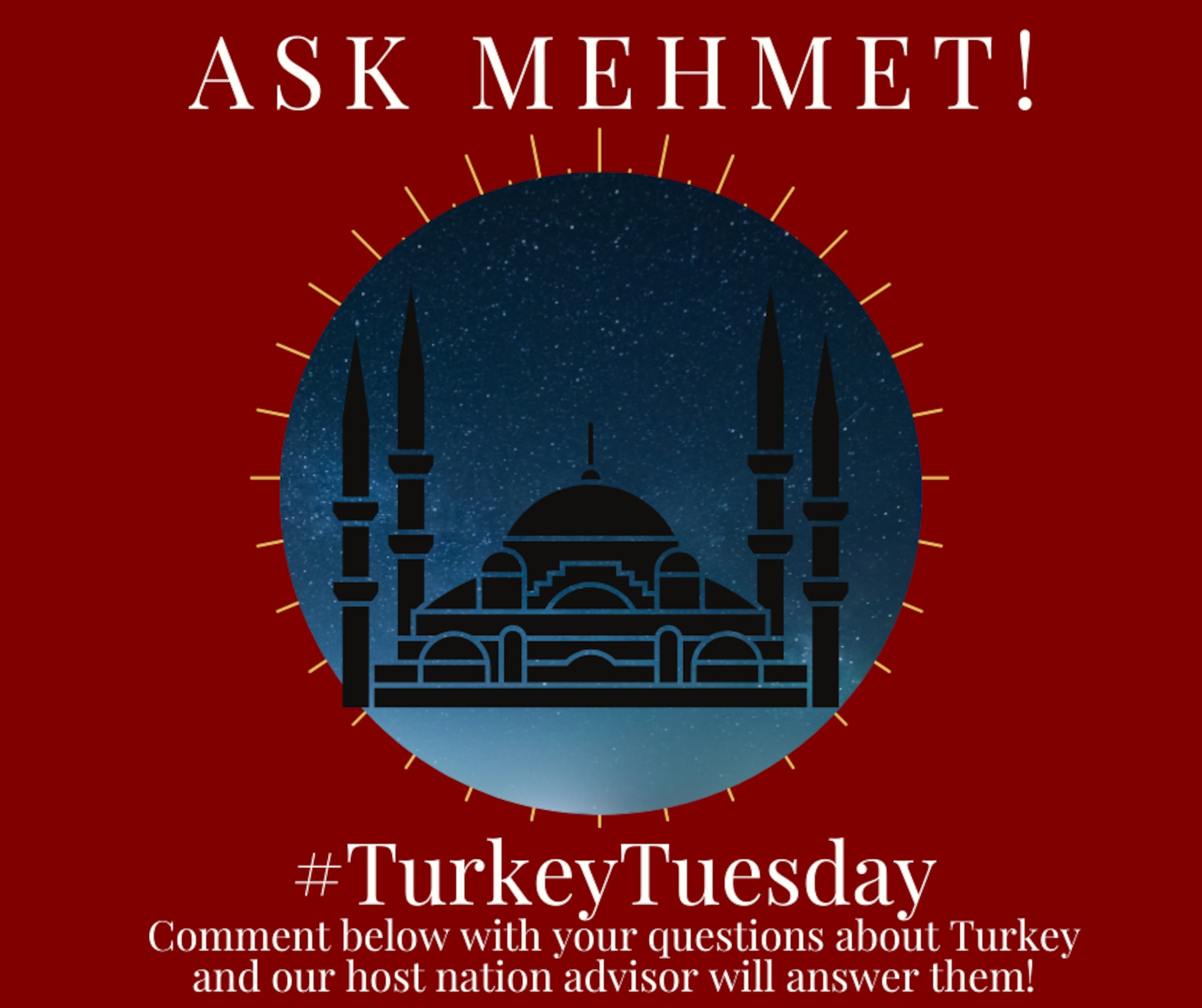 Graphic with text and a mosque