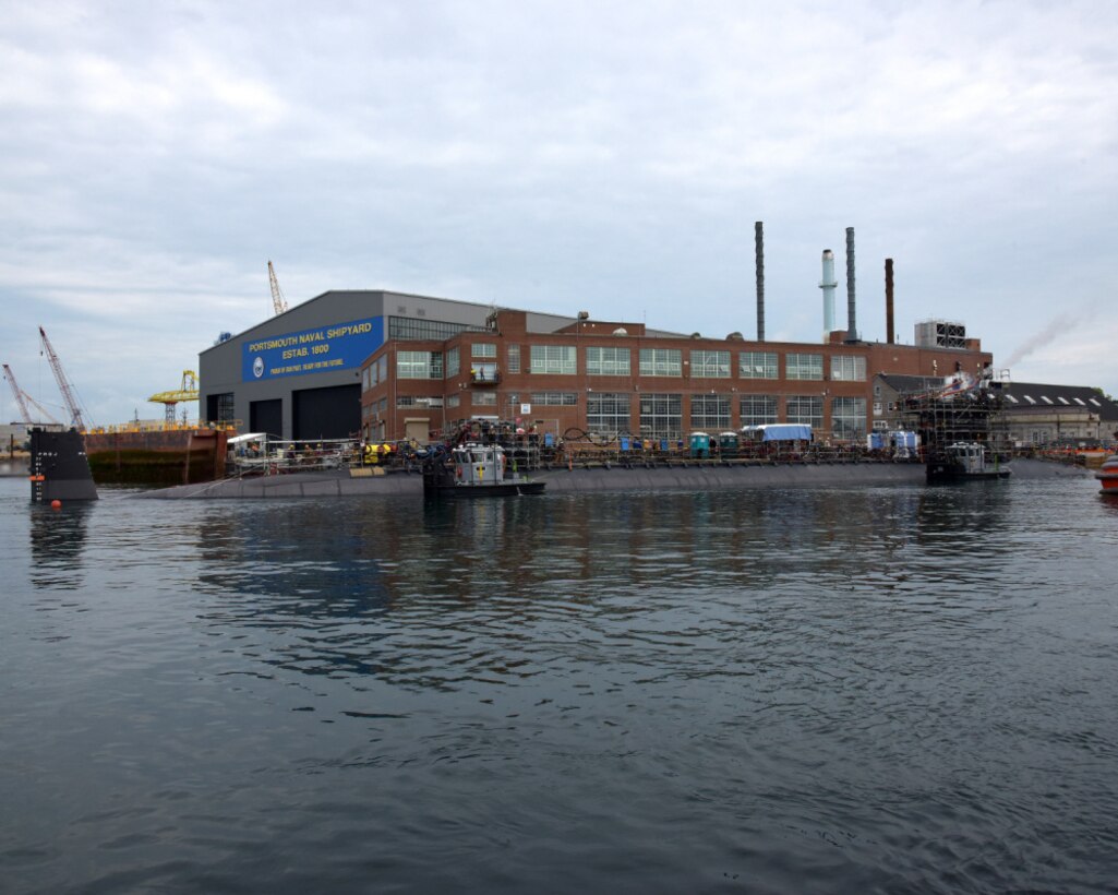 Portsmouth Naval Shipyard, Kittery, ME: Jun 22, 2021: USS Virginia (SSN 774) successfully exits dry dock at the shipyard. Virginia is at the shipyard for a scheduled maintenance period.