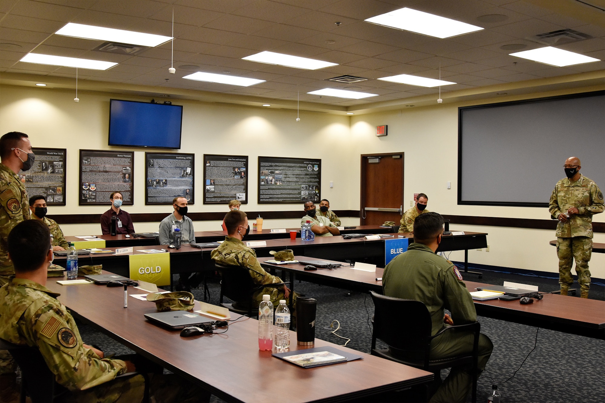 Air Force Chief of Staff Gen. CQ Brown, Jr., addresses AFOTEC 301 operational test course students during his Aug. 12, 2021 visit to the Air Force Operational Test and Evaluation Center. (U.S. Air Force photo by Andrew Jogi)