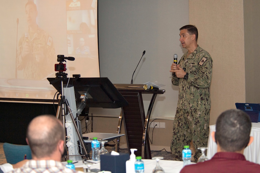 MANAMA, Bahrain (Aug. 16, 2021) - Vice Adm. Brad Cooper, commander of U.S. Naval Forces Central Command (NAVCENT), U.S. 5thFleet and Combined Maritime Forces, gives opening remarks during the International Maritime Exercise (IMX) 22 Main Planning Conference in Manama, Bahrain, Aug. 16, 2021. IMX 22 is designed to demonstrate global resolve to maintain freedom of navigation and the free flow of maritime commerce; and to build interoperability and familiarity with maritime security partners. (U.S. Navy

Photo by Mass Communication Specialist 2nd Class Anita Chebahtah)