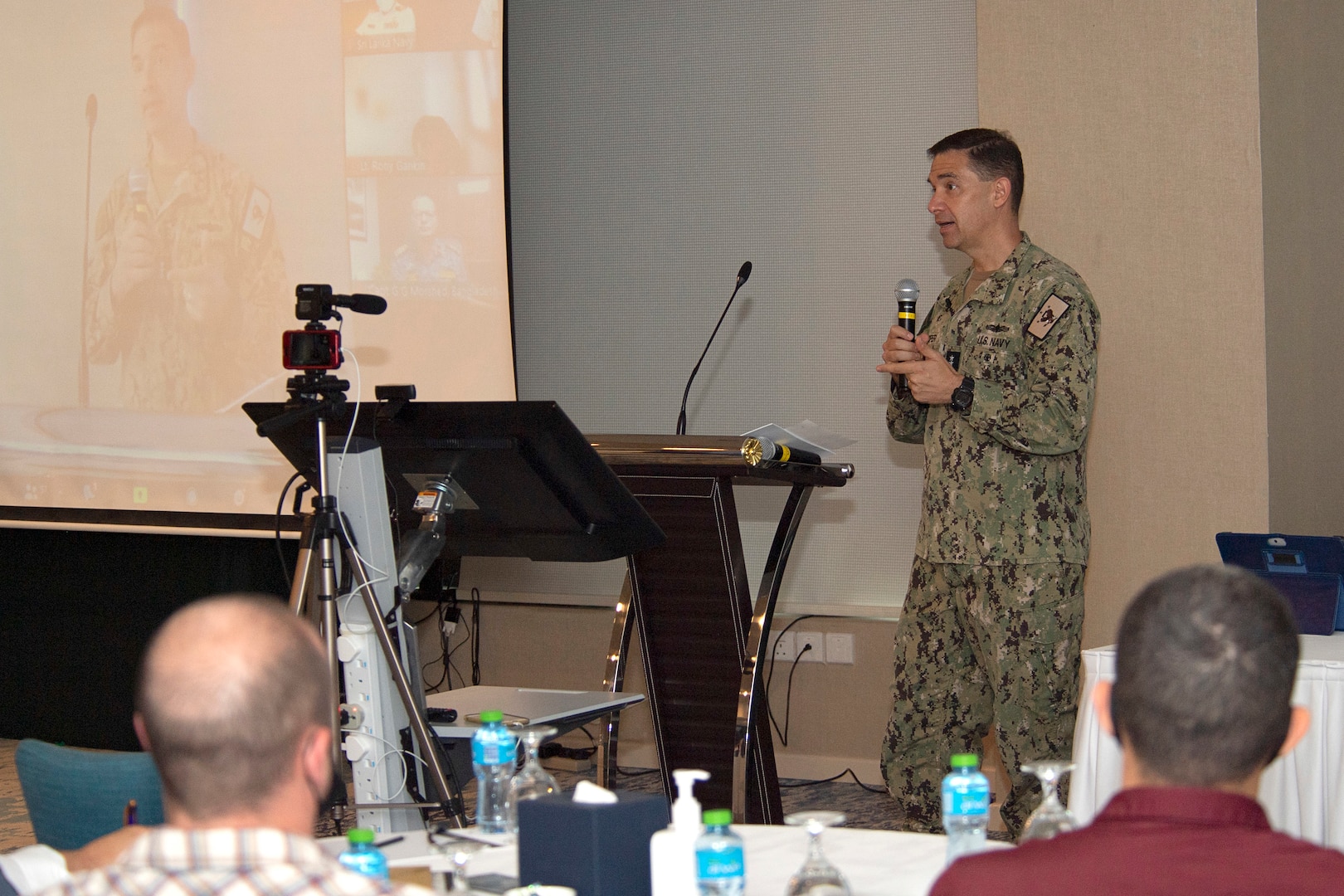 MANAMA, Bahrain (Aug. 16, 2021) - Vice Adm. Brad Cooper, commander of U.S. Naval Forces Central Command (NAVCENT), U.S. 5thFleet and Combined Maritime Forces, gives opening remarks during the International Maritime Exercise (IMX) 22 Main Planning Conference in Manama, Bahrain, Aug. 16, 2021. IMX 22 is designed to demonstrate global resolve to maintain freedom of navigation and the free flow of maritime commerce; and to build interoperability and familiarity with maritime security partners. (U.S. Navy

Photo by Mass Communication Specialist 2nd Class Anita Chebahtah)