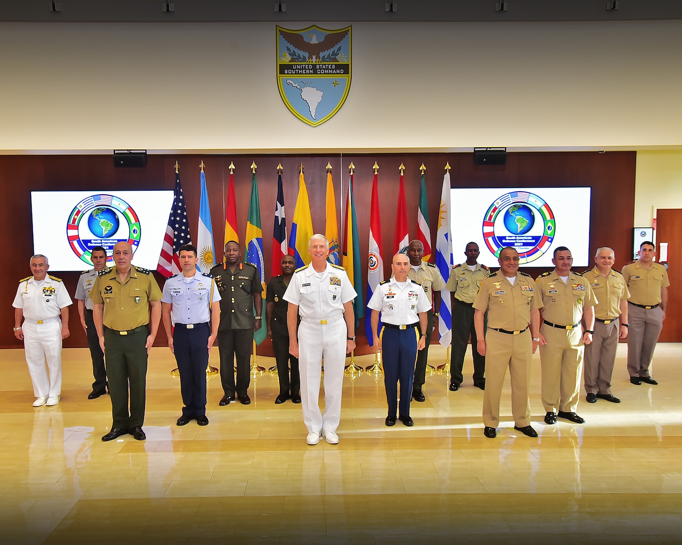 Multinational participants of the South American Defense Conference (SOUTHDEC) pose for a group photo at the U.S. Southern Command headquarters.