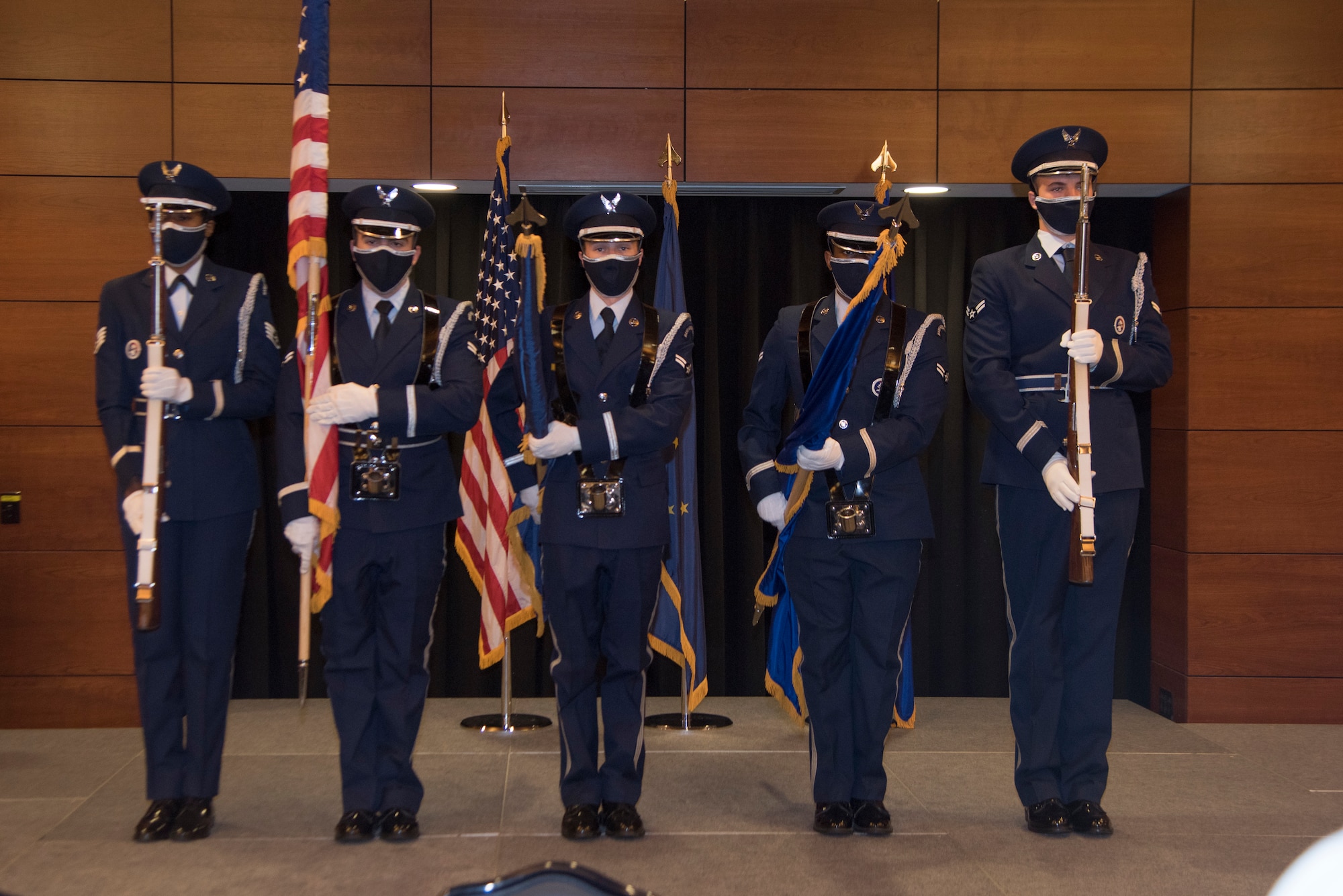 U.S. Air Force ceremonial guardsmen with the Joint Base Elmendorf-Richardson Honor Guard present the colors during the 32nd Annual Federal Services Dental Meeting at the Arctic Warrior Event Center at JBER, Alaska, Aug. 5, 2021.