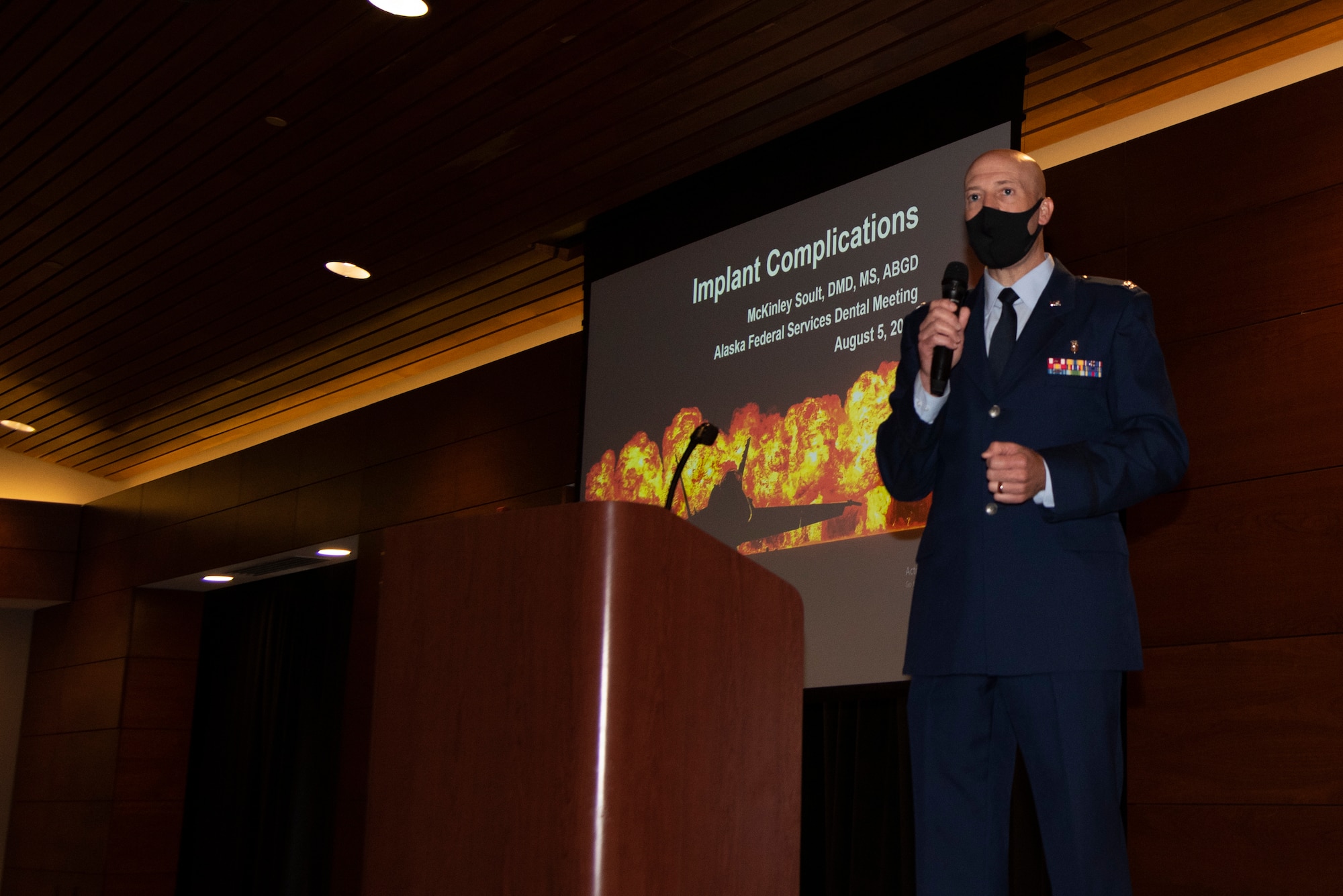 U.S. Air Force Col. Jared Cardon, the 673d Dental Squadron commander, gives remarks during the 32nd Annual Federal Services Dental Meeting at the Arctic Warrior Event Center at JBER, Alaska, Aug. 5, 2021.