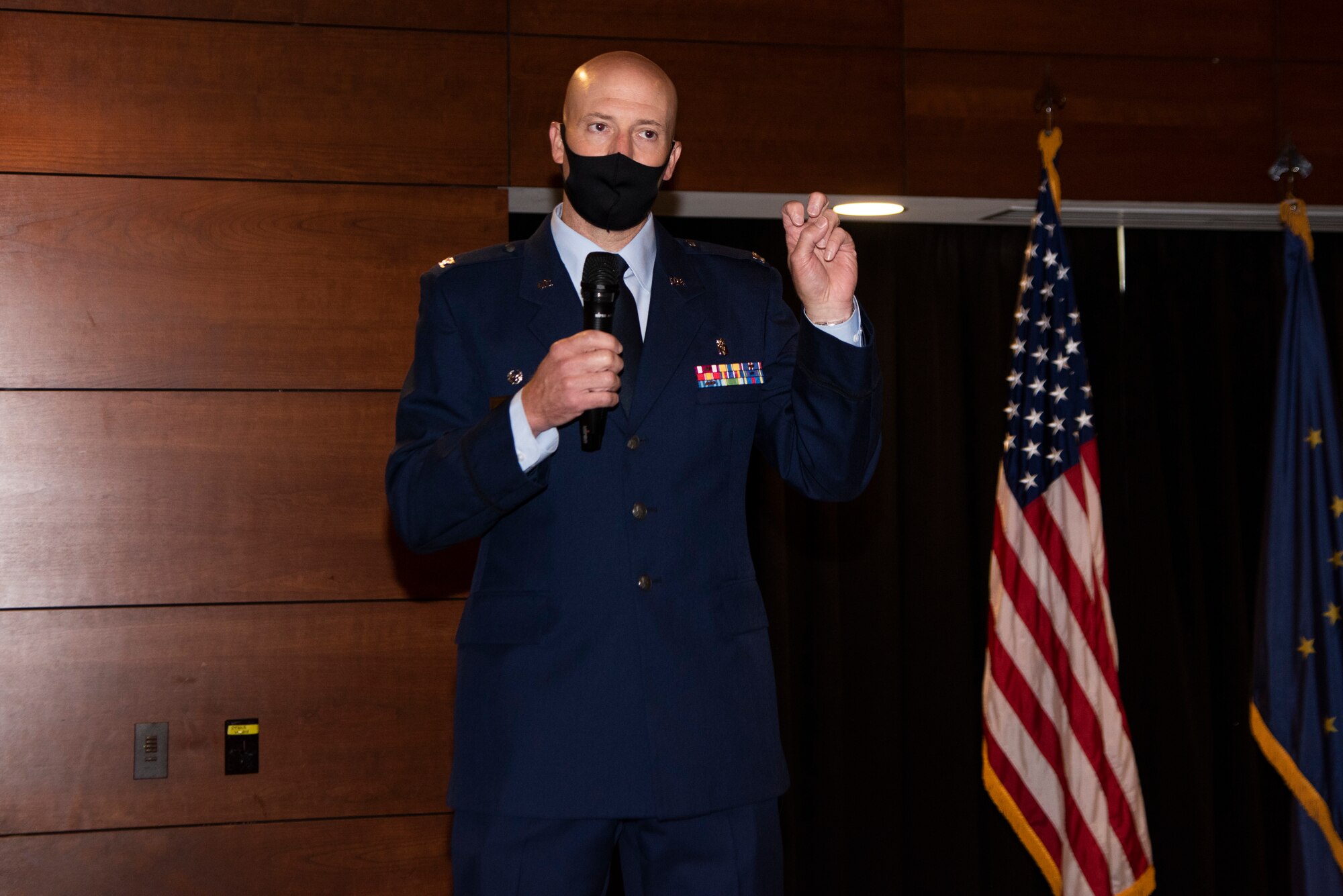 U.S. Air Force Col. Jared Cardon, the 673d Dental Squadron commander, gives remarks during the 32nd Annual Federal Services Dental Meeting at the Arctic Warrior Event Center at JBER, Alaska, Aug. 5, 2021.