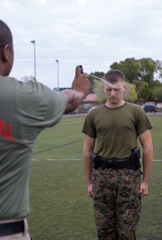 A U.S. Marine with the Provost Marshal Office participates in oleoresin capsicum spray training on Marine Corps Air Station Yuma, Ariz., July 30, 2021. After being sprayed, Marines were required to go through a series of obstacles in order to complete the course. (U.S. Marine Corps photo by Lance Cpl. Matthew Romonoyske-Bean)