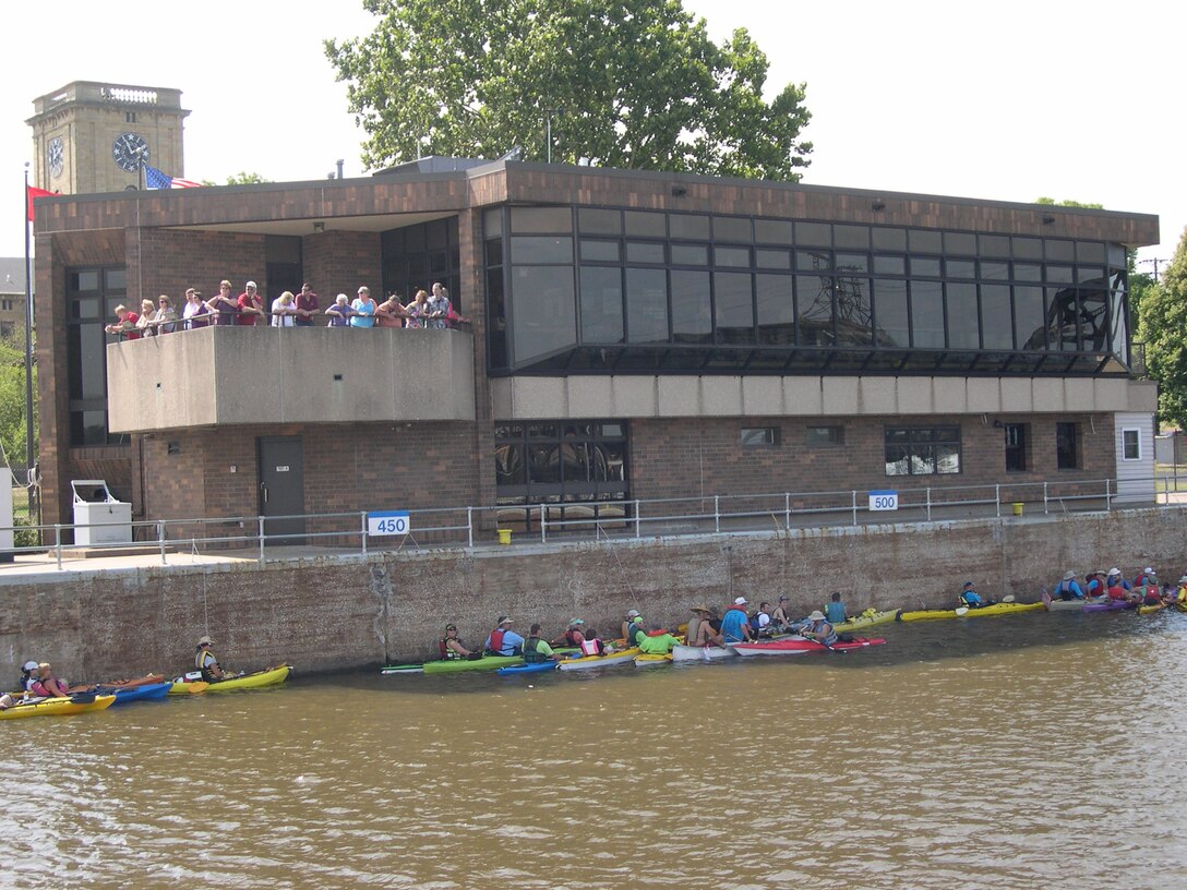 View of paddlers at Locks and Dam 15 on the Mississippi River.