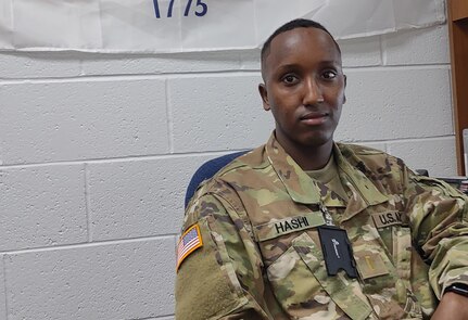 U.S. Army 2nd Lt. Abdimaik Hashi, a newly commissioned transportation officer, is currently assigned to assist the Vermont National Guard State Resilience Coordinator at Camp Johnson, Joint Force Headquarters, Colchester, VT, pictured on August 13, 2021.  Hashi was previously an enlisted M1 tank crewman in the Minnesota National Guard. 

Hashi will drill with Task Force Patriot, a rear detachment, until his unit, G. Company 186th Brigade Support Battalion, 86th Infantry Brigade Combat Team (Mountain), returns from an overseas deployment. (U.S. Army National Guard photo by Joshua T. Cohen)