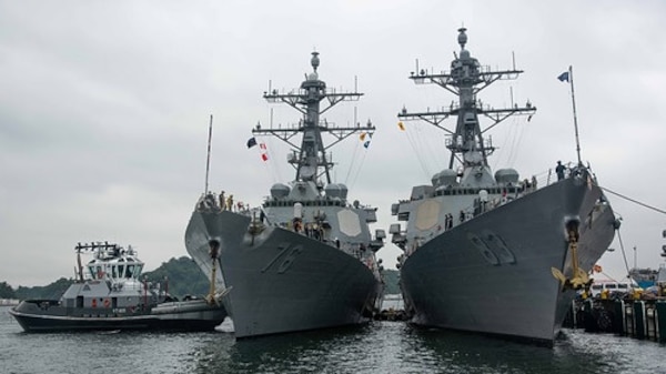 USS Higgins (DDG 76) moors alongside USS Howard (DDG 83) after arriving in Yokosuka, Aug. 16. (U.S. Navy/Roy Isobe)