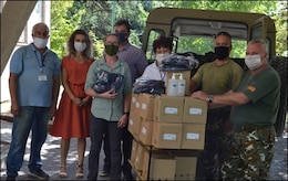 Civil Affairs Team 332 in conjunction with ARMN CIMIC donated 500 masks and bottles of hand sanitizer to Negotino Municipal Health Center to distribute amongst staff. The team and partners donated COVID personal protective equipment between September 16-17, 2020 near Negotino and the surrounding villages to improve relationships with NATO partners and unified action partners and demonstrate the continued benefits of US-NATO partnerships. (courtesy photo)