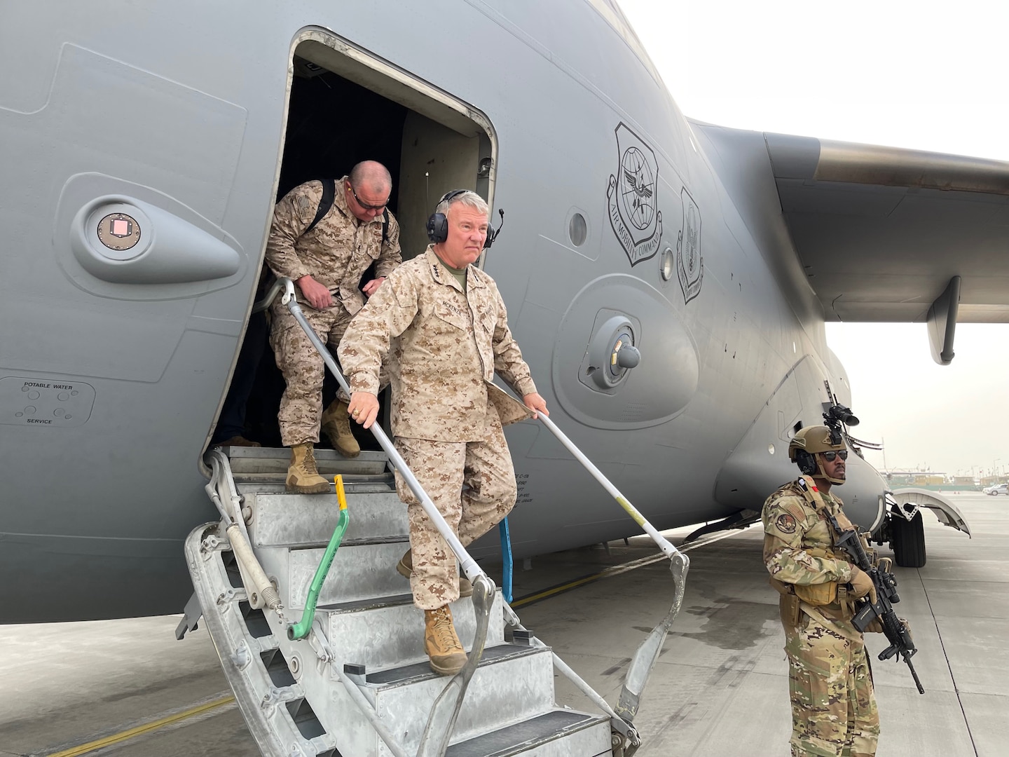 U.S. Marine Corps Gen. Frank McKenzie, the commander of U.S. Central Command, arrives at Hamid Karzai International Airport, Afghanistan on August 17, 2021. (U.S. Navy photo by Capt. William Urban)