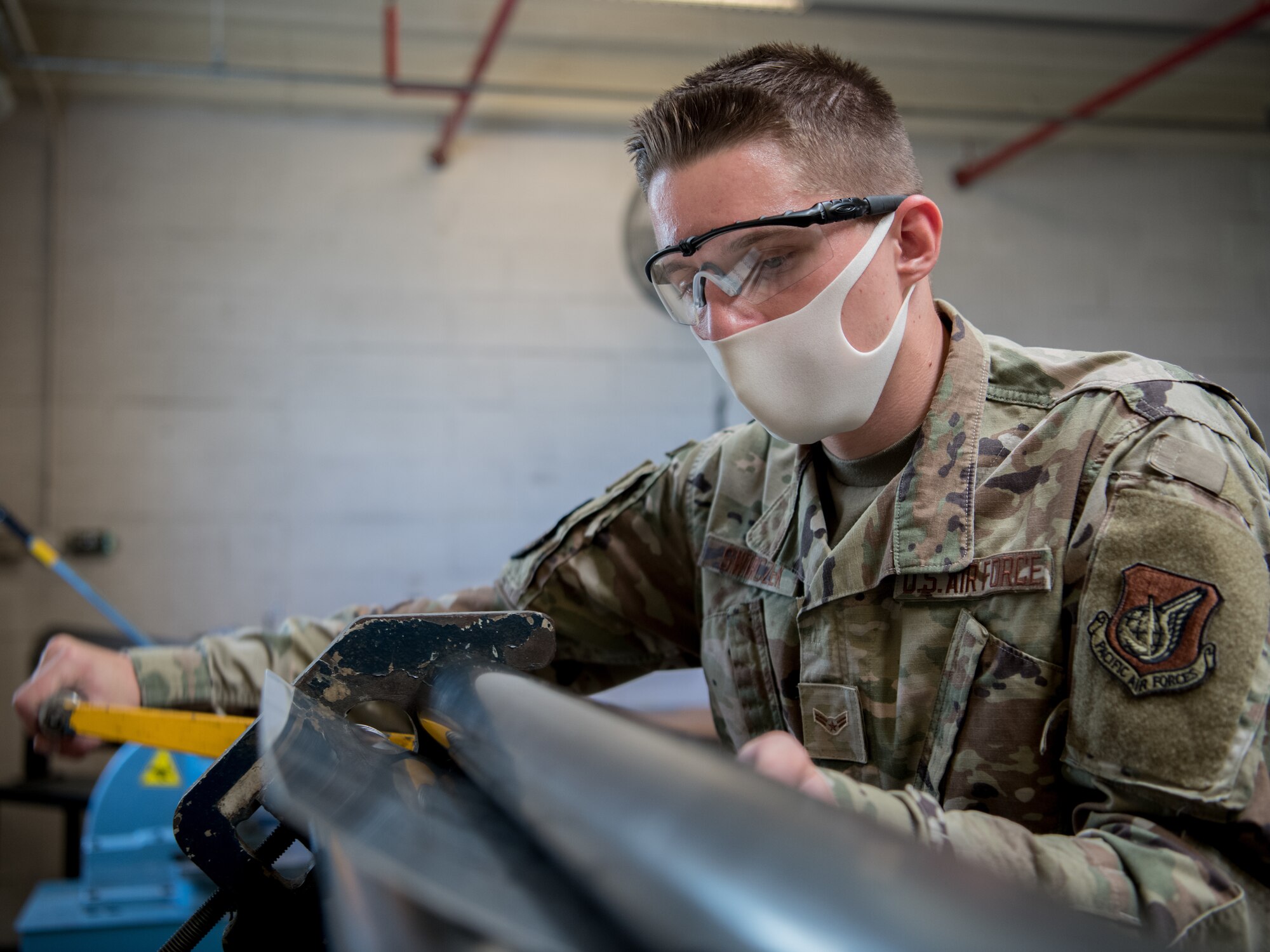 18th Equipment Maintenance Squadron aircraft structural maintenance repair aircraft structures at Kadena Air Base, Japan, Aug. 16, 2021.