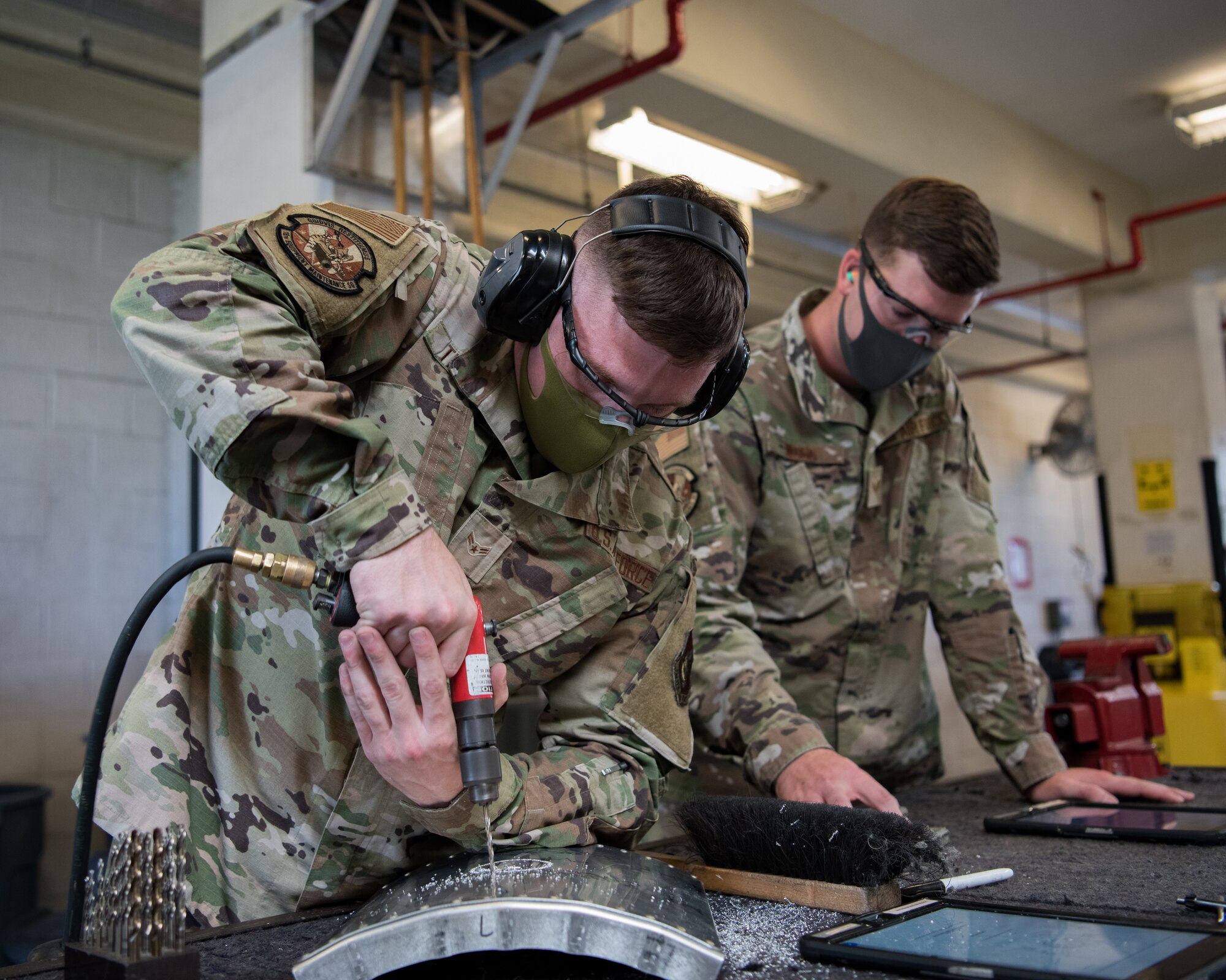 18th Equipment Maintenance Squadron aircraft structural maintenance repair aircraft structures at Kadena Air Base, Japan, Aug. 16, 2021.