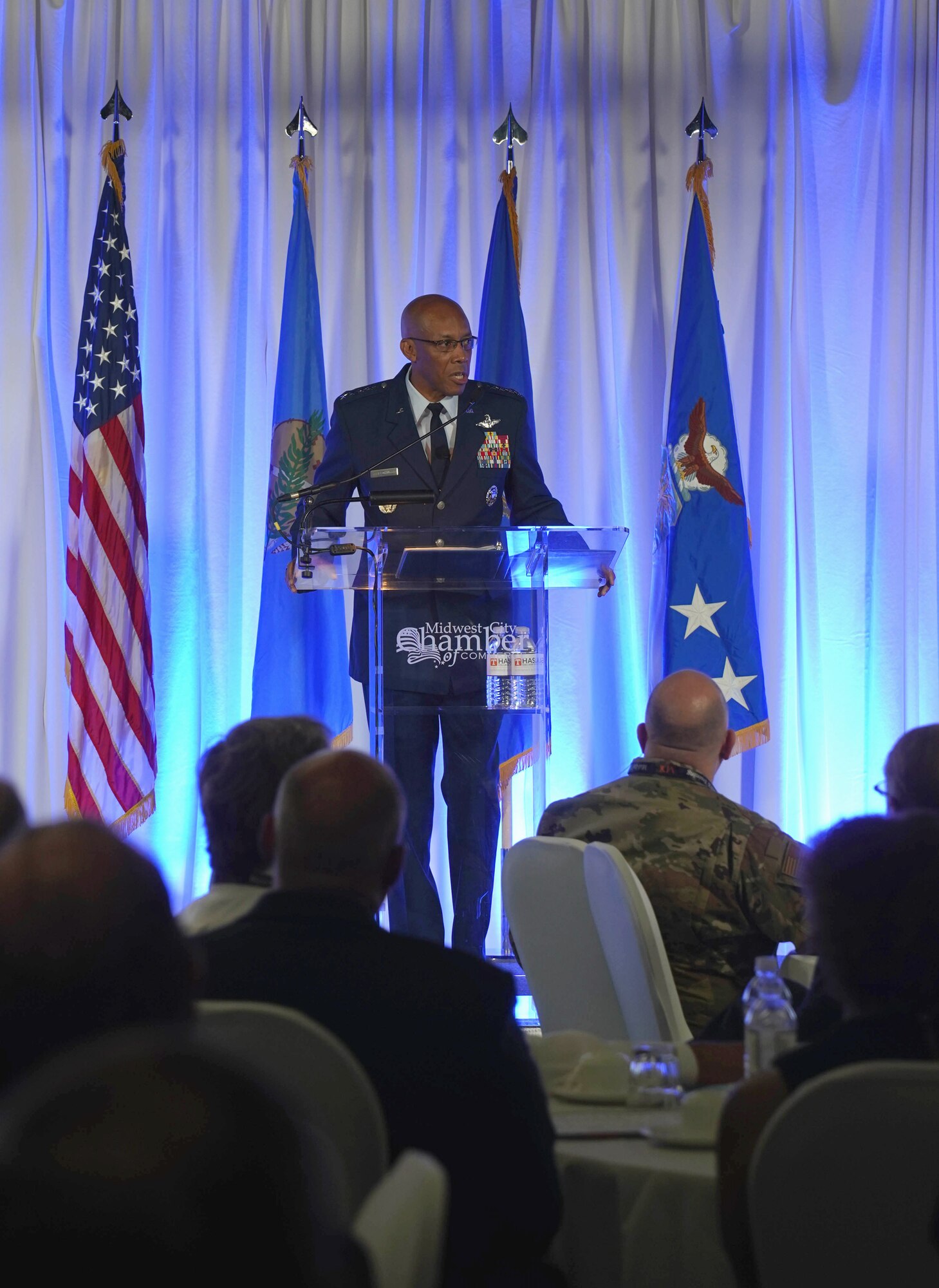Air Force Chief of Staff Gen. CQ Brown, Jr. speaks to an audience of aerospace and defense business leaders and contractors to kick off the 15th annual Tinker and the Primes at the Reed Center in Midwest City, Okla., Aug. 10, 2021. The three-day event brought together Department of Defense officials and industry partners to interact and share knowledge.