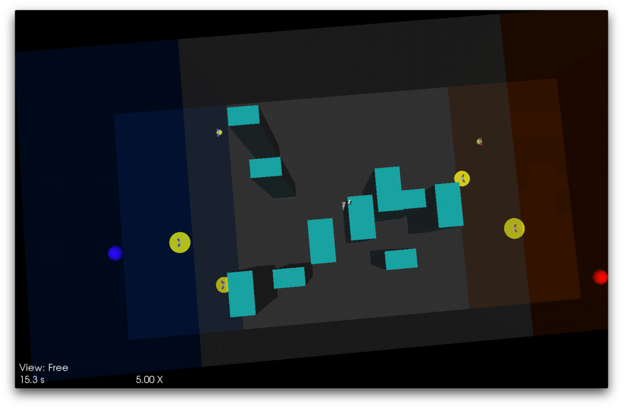 The red and blue dots are the opposing flags. The yellow dots are the “swarms” attempting to navigate around the environment (turquoise blocks/buildings) to capture the opposing team’s flag. This is a screenshot of the simulated game during game play between two teams. (Courtesy Graphic/Georgia Tech Research Institute)