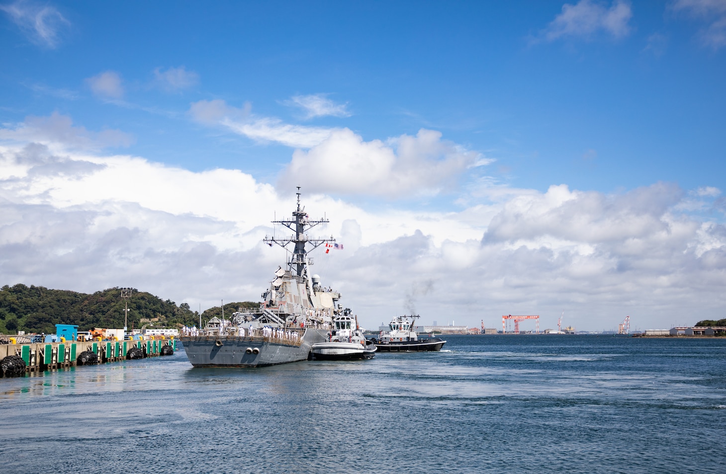 YOKOSUKA, Japan (Aug. 18, 2021) Arleigh Burke-class guided-missile destroyer USS Curtis Wilbur (DDG 54) departs Fleet Activities Yokosuka, Japan, August 18, following 25 years of service as a forward-deployed ship to U.S. 7th Fleet. Curtis Wilbur is scheduled to join U.S. 3rd Fleet, which leads naval forces in the Indo-Pacific and provides the realistic, relevant training necessary for an effective global Navy.