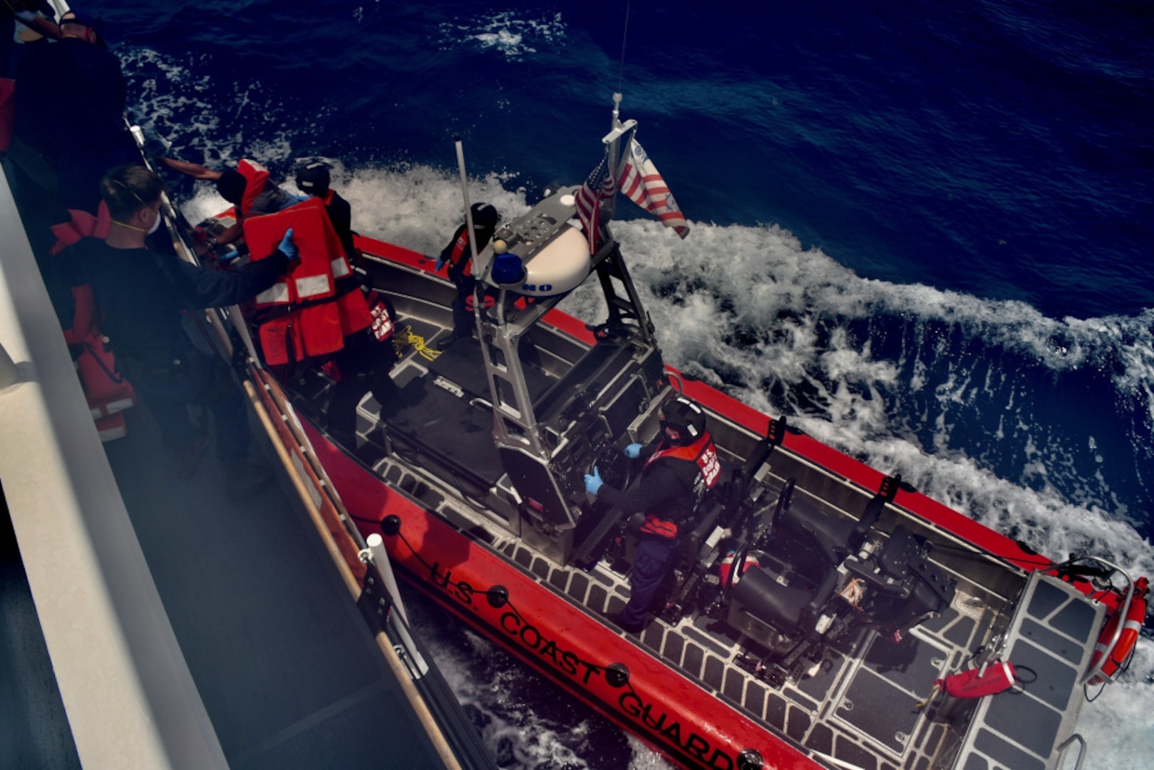 The Coast Guard Cutter Winslow Griesser rescues 48 Haitian migrants stranded on Monito Cay, Puerto Rico in the Mona Passage Aug. 12, 2021.  The migrants were transported to Mayaguez, Puerto Rico, where they transferred to U.S. Border Patrol custody and assisted by Emergency Medical Service personnel.  (U.S. Coast Guard photo)