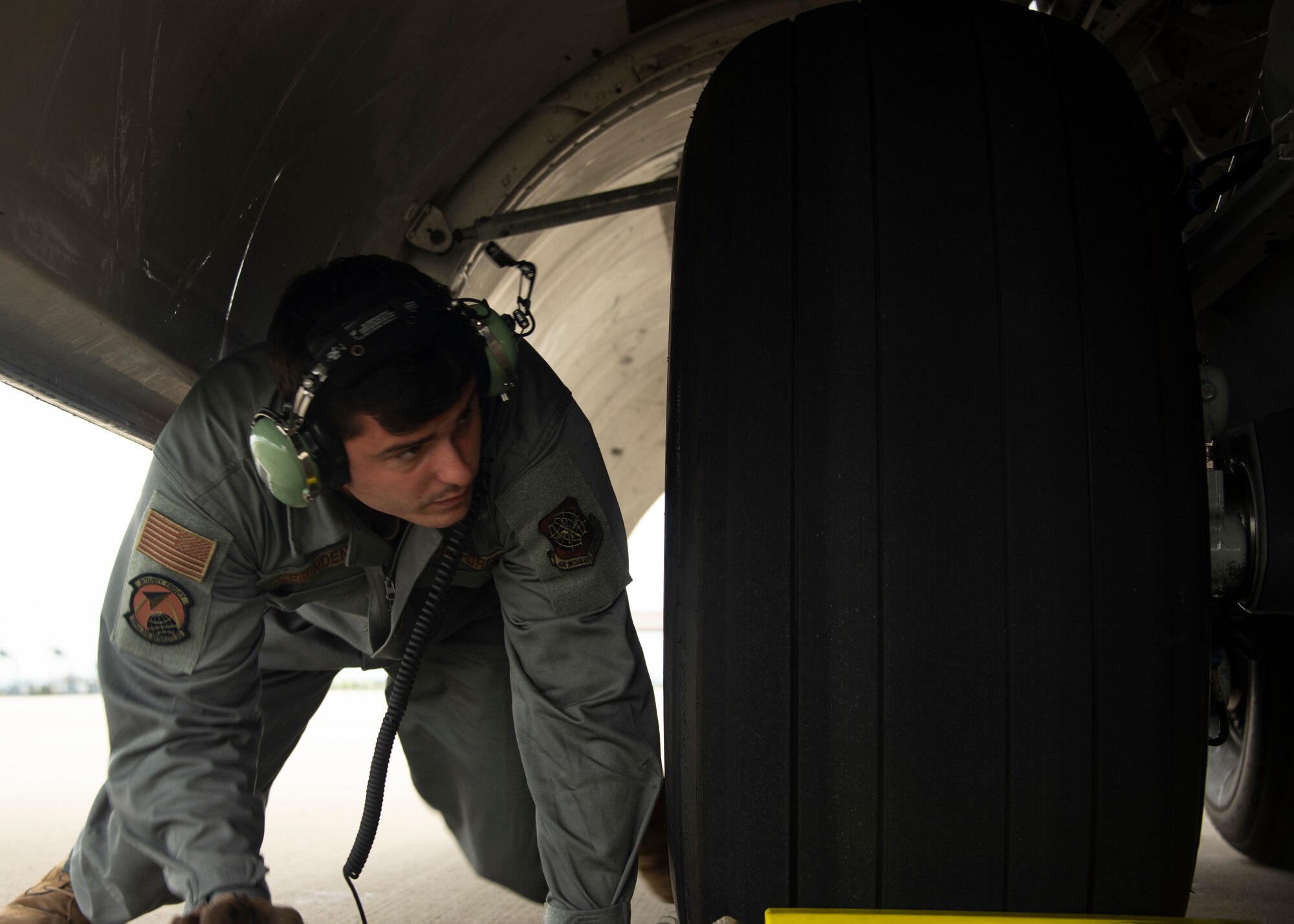 U.S. Air Force Staff Sgt. Thor Geminden, 726th AMS avionics and flight controls technician, performs inspections on a C-17 Globemaster III cargo aircraft on Spangdahlem Air Base, Germany, Aug. 5, 2021.