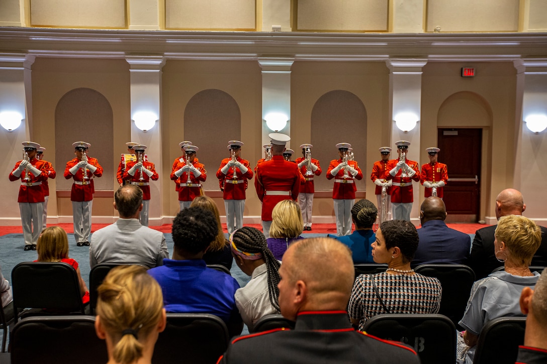 Marines with “The Commandant’s Own,” U.S. Marine Drum and Bugle Corps, perform during the Friday Evening Parade at Marine Barracks Washington, Aug. 13, 2021. The hosting official for the evening was the 19th Sergeant Major of the Marine Corps, Sgt. Maj. Troy E. Black, and the guests of honor were former Sergeants Major of the Marine Corps, Sergeants Maj. Alford L. McMichael, John L. Estrada, Michael P. Barrett, and Ronald L. Green. (U.S. Marine Corps photo by Lance Cpl. Mark Morales)