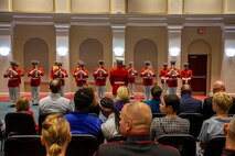 Marines with “The Commandant’s Own,” U.S. Marine Drum and Bugle Corps, perform during the Friday Evening Parade at Marine Barracks Washington, Aug. 13, 2021.