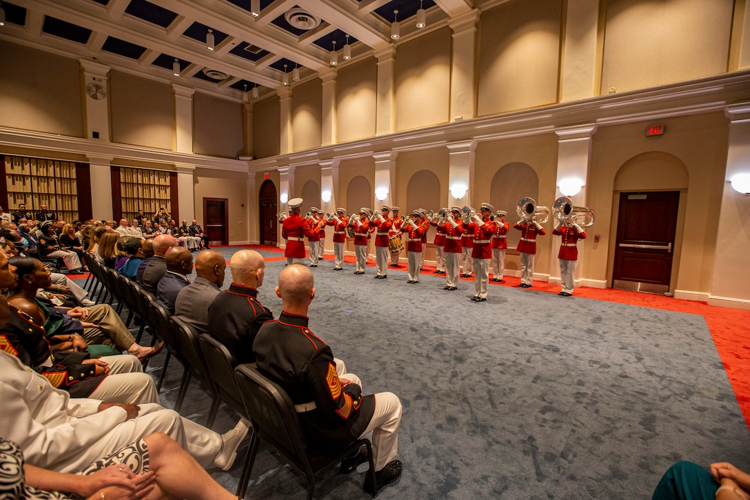 Marines with “The Commandant’s Own,” U.S. Marine Drum and Bugle Corps, perform during the Friday Evening Parade at Marine Barracks Washington, Aug. 13, 2021. The hosting official for the evening was the 19th Sergeant Major of the Marine Corps, Sgt. Maj. Troy E. Black, and the guests of honor were former Sergeants Major of the Marine Corps, Sergeants Maj. Alford L. McMichael, John L. Estrada, Michael P. Barrett, and Ronald L. Green. (U.S. Marine Corps photo by Lance Cpl. Mark Morales)