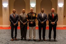 Center, Sergeant Major of the Marine Corps, Sgt. Maj. Troy E. Black, and from left, former Sergeants Major of the Marine Corps, Sergeants Maj. John L. Estrada, Alford L. McMichael, Ronald L. Green and Micheal P. Barrett, stand for a photo during the Friday Evening Parade at Marine Barracks Washington, Aug. 13, 2021.