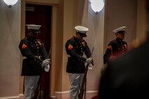 Lance Corporal Joshua Williams and Cpl. Steven Almaguer, riflemen with the Silent Drill Platoon, “fix bayonets” during the Friday Evening Parade at Marine Barracks Washington, Aug. 13, 2021.