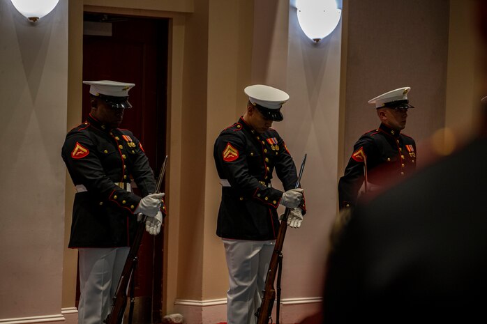 Lance Corporal Joshua Williams and Cpl. Steven Almaguer, riflemen with the Silent Drill Platoon, “fix bayonets” during the Friday Evening Parade at Marine Barracks Washington, Aug. 13, 2021.