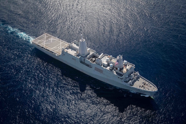 The San Antonio-class amphibious transport dock ship USS Arlington (LPD 24) transits the Atlantic Ocean Aug. 14, 2021.