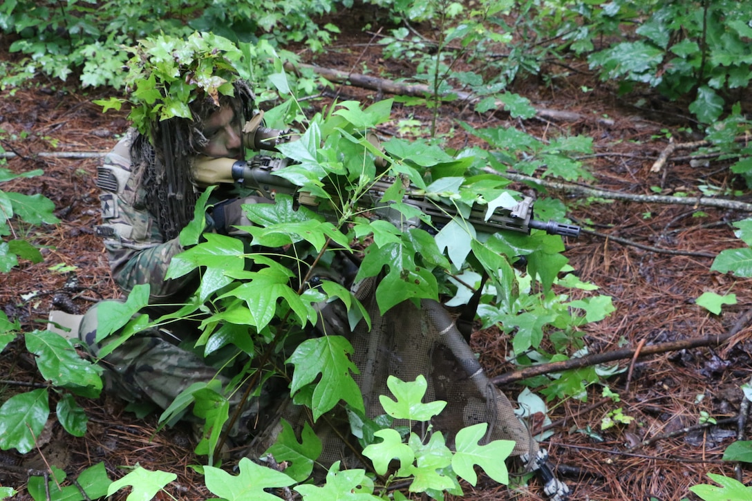 A soldier uses leaves to cover himself during training.