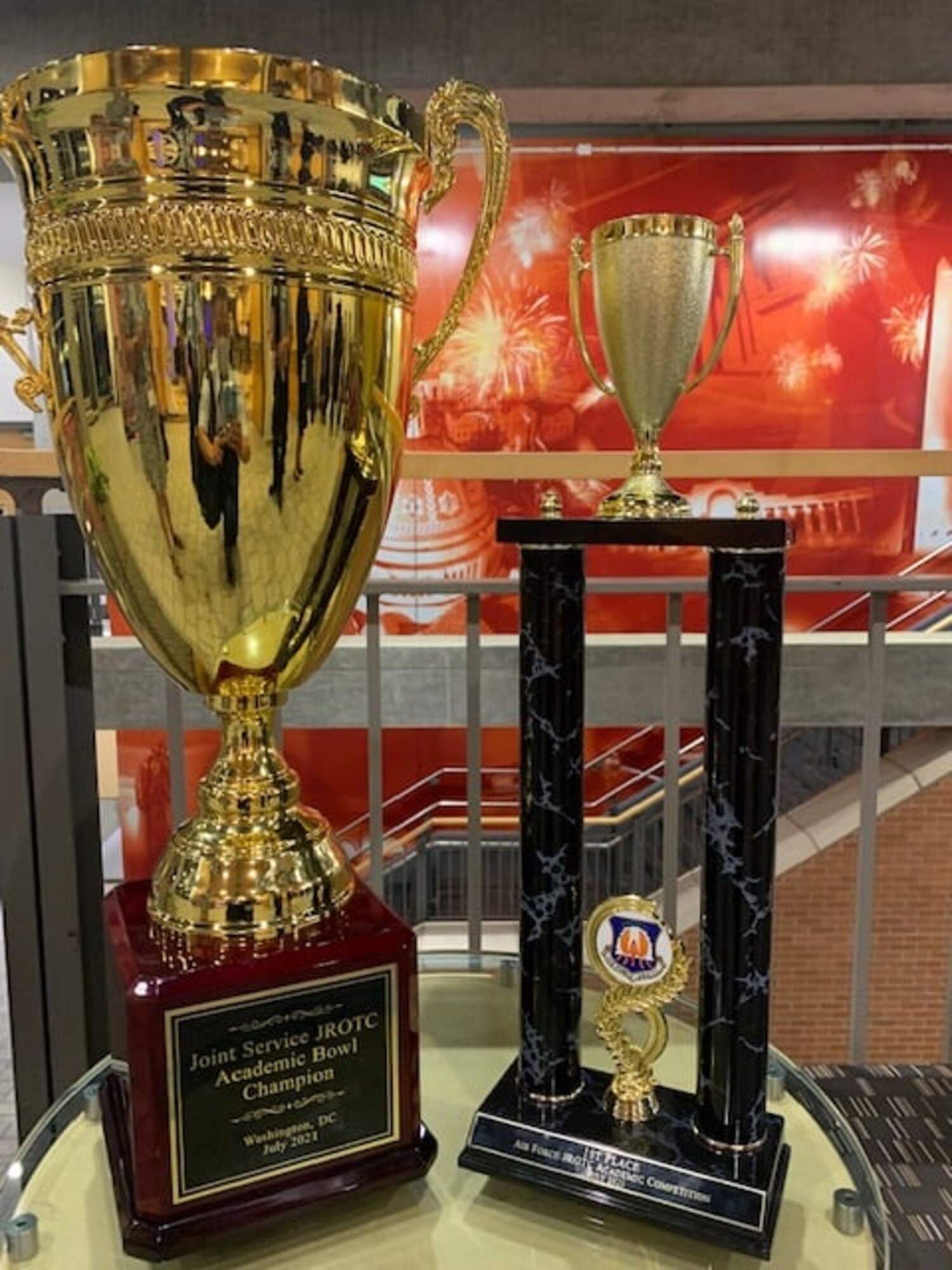 Photo of JROTC Leadership and Academic Bowl trophies.