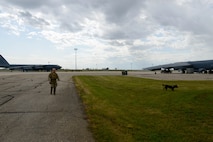Windy, a military working dog, and her handler Tech Sgt. Evan Stanly, with the 5th Bomb Wing Security Forces Squadron conduct a sweep of the flightline Aug. 11, 2021 at Minot Air Force Base, N.D. The military working dog is helping secure the flightline during Exercise Prairie Vigilance. (U.S. Air Force photo by Airman 1st Class Evan Lichtenhan)