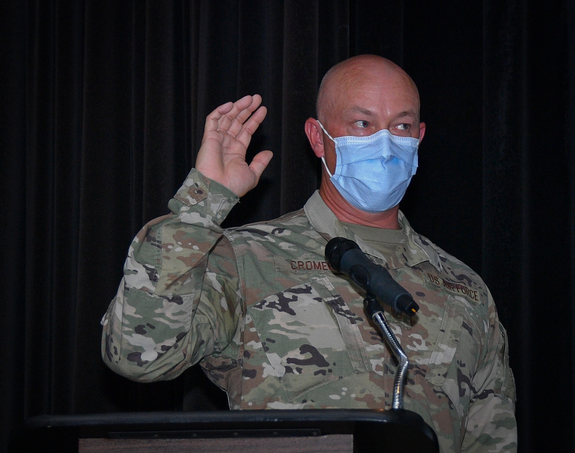 301st Fighter Wing Medical Squadron Superintendent Chief Master Sgt. Jerry Cromer charges MDS non-commissioned officers with the responsibilities which come from advancing through one's military career during an MDS enlisted promotion ceremony at NAS JRB Fort Worth on August 8, 2021. The message of taking care of the mission and your people was clearly evident throughout the event. (U.S. Air Force photo by Master Sgt. Jeremy Roman)