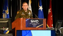 Lt. Gen. Daniel L. Karbler, commanding general, U.S. Army Space and Missile Defense Command, gives opening remarks during the 24th annual Space and Missile Defense Symposium at the Von Braun Center in Huntsville, Alabama, Aug. 10. Karbler said his “People First” team ensures space and missile defense capabilities for the Soldier, the Army and the nation. (U.S. Army photo by Carrie David Campbell)
