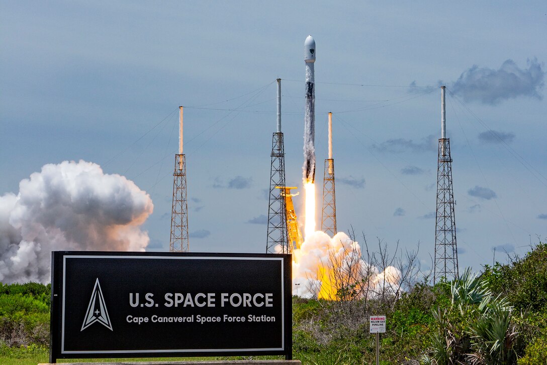 A Falcon 9 rocket carrying a GPS III-5 satellite into orbit launches from LC-40 at Cape Canaveral Space Force Station, Fla., June 17, 2021. The GPS III satellites have signals three times more accurate than the current generation of satellites and eight times the jamming resistance.