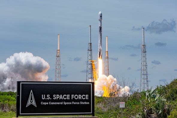 A Falcon 9 rocket carrying a GPS III-5 satellite into orbit launches from LC-40 at Cape Canaveral Space Force Station, Fla., June 17, 2021. The GPS III satellites have signals three times more accurate than the current generation of satellites and eight times the jamming resistance.