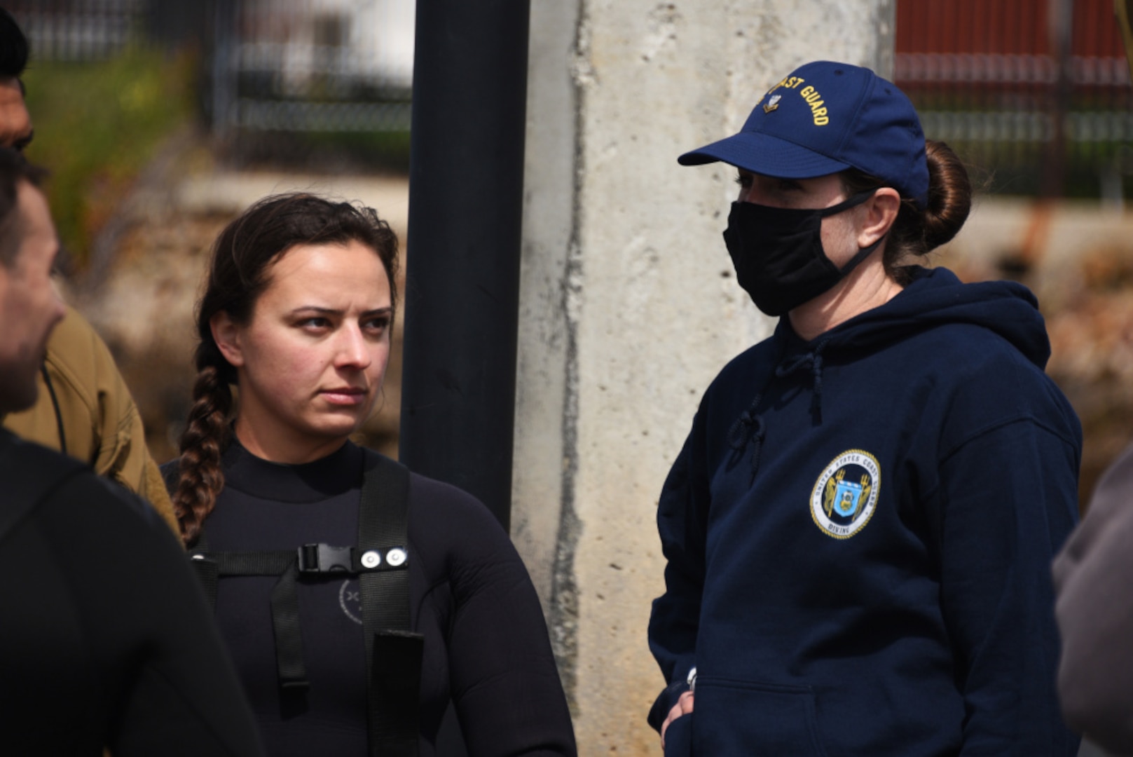Petty Officer 2nd Class Monique Gilbreath and Petty Officer 2nd Class Kristen Allen prepare to take part in a diving exercise at Coast Guard Sector San Diego, March 25, 2021. Gilbreath and Allen are the only two active female divers in the Coast Guard. (U.S. Coast Guard photo by Petty Officer 3rd Class Alex Gray)