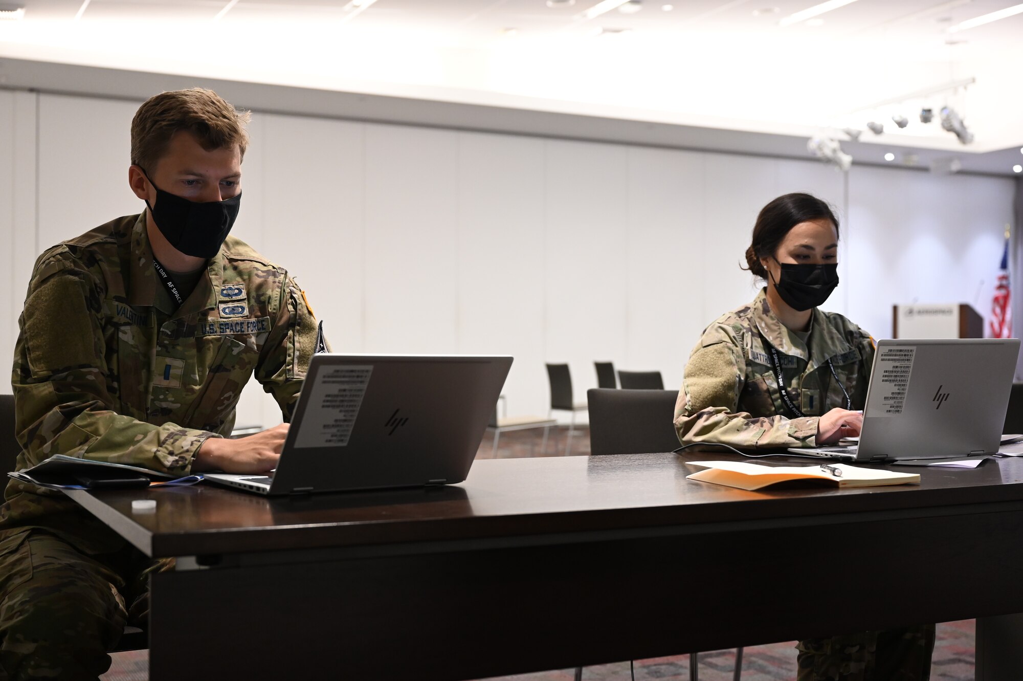 Participants of the first inaugural Space Force Pitch day communicate virtually with one another  Aug. 18, 2021, at Los Angeles Air Force Base, California. This year, SFPD will be entirely virtual and feature two days of innovative collaboration between the Air and Space Forces and space industry companies from within the innovation ecosystem. (U.S. Space Force photo by Staff Sgt. Andrew Moore)