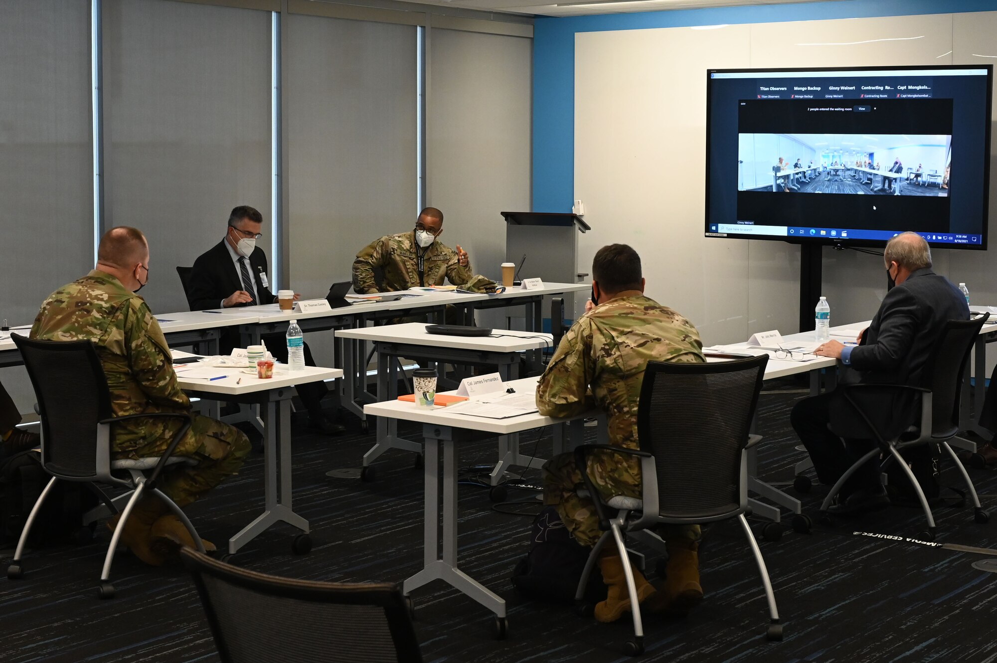 Participants of the first inaugural Space Force Pitch day communicate virtually with one another  Aug. 18, 2021, at Los Angeles Air Force Base, California. This year, SFPD will be entirely virtual and feature two days of innovative collaboration between the Air and Space Forces and space industry companies from within the innovation ecosystem. (U.S. Space Force photo by Staff Sgt. Andrew Moore)