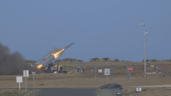 A Naval Strike Missile streaks out to sea before striking a naval target ship aboard Pacific Missile Range Facility Barking Sands, Hawaii.