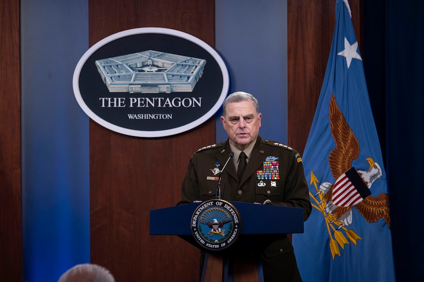 Army Gen. Mark A. Milley, chairman of the Joint Chiefs of Staff, briefs from a podium.