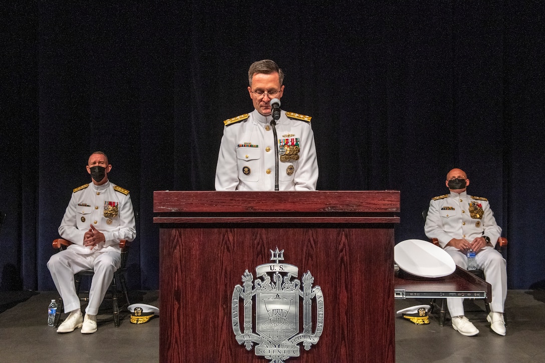 Vice Adm. Darse “Del” E. Crandall delivers remarks during a change of office ceremony at the U.S. Naval Academy in which he relieved Vice Adm. John G. Hannink and became the 45th Judge Advocate of the Navy.