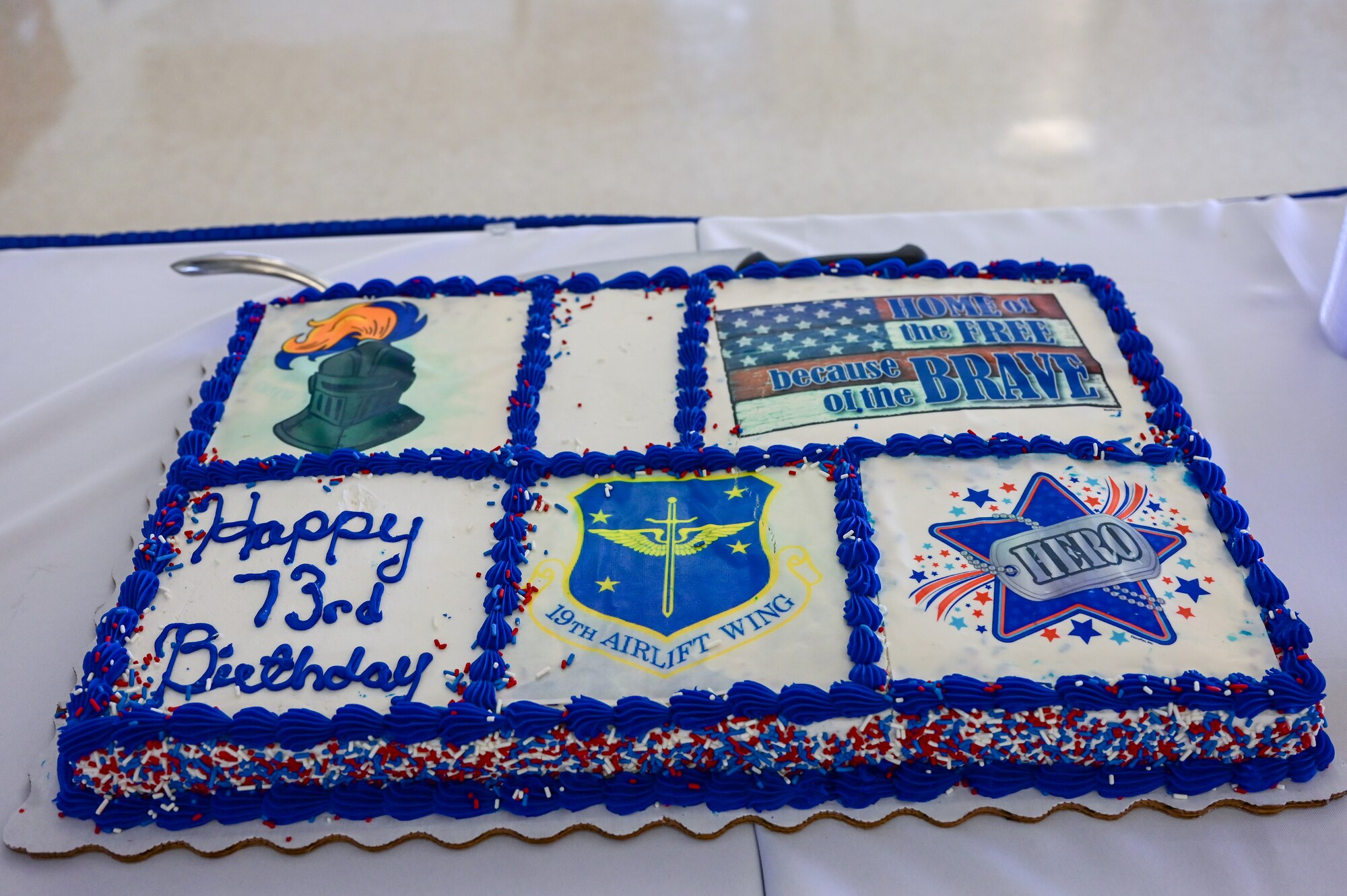 A birthday cake celebrating the 19th Airlift Wing's 73rd birthday