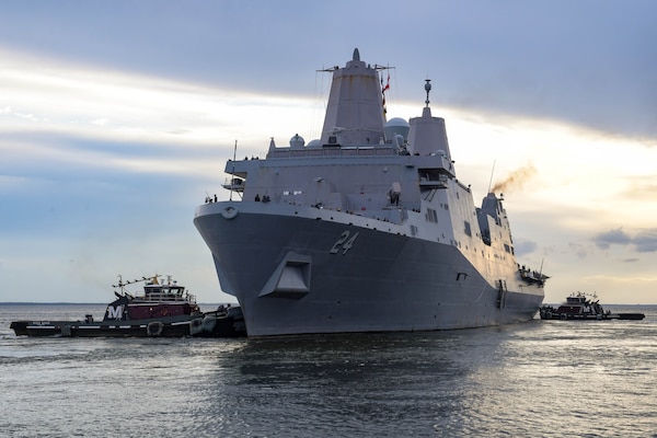 NAVAL STATION NORFOLK (Aug. 17, 2021) The amphibious transport dock ship USS Arlington (LPD 24) departs Naval Station Norfolk.  Arlington will support humanitarian assistance and disaster relief (HADR) efforts in Haiti following a 7.2-magnitude earthquake on Aug. 14, 2021. (U.S. Navy photo by Mass Communication Specialist 1st Class Jacob Milham)