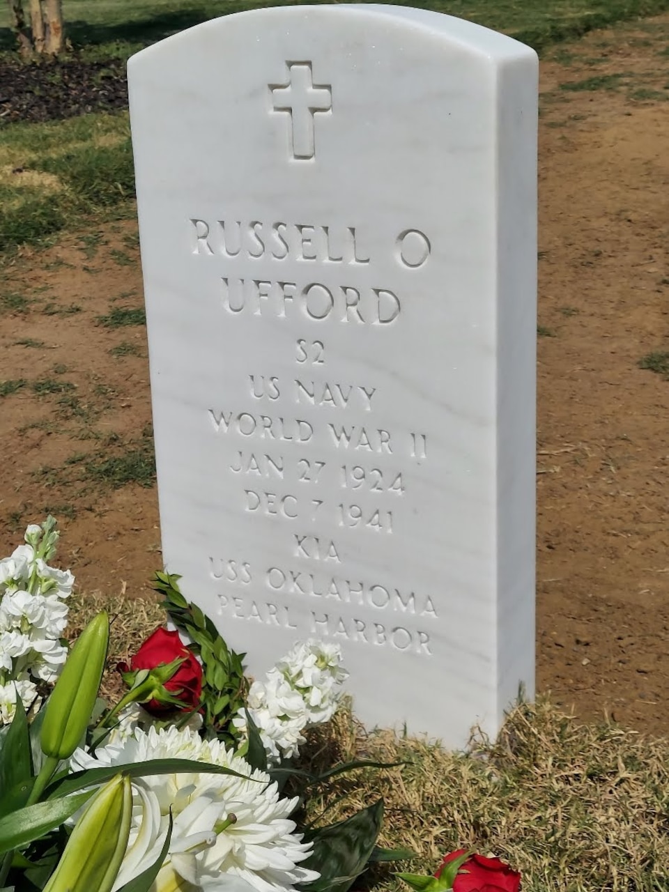 210716-N-ZZ999-001 (July 16, 2021) Raleigh NC. - A headston awaits the remains of Navy Seaman Second Class Russell Orville Ufford of Kansas City, Missour at the Salisbury National Cemetary in Salisbury, NC, on July 16, 2021. Ufford was killed during the attack on Pearl Harbor, December 7, 1941, and he was identified in February this year by the POW/MIA Accounting Agency.(US Navy photo by EO2 Katrena Hovatter)