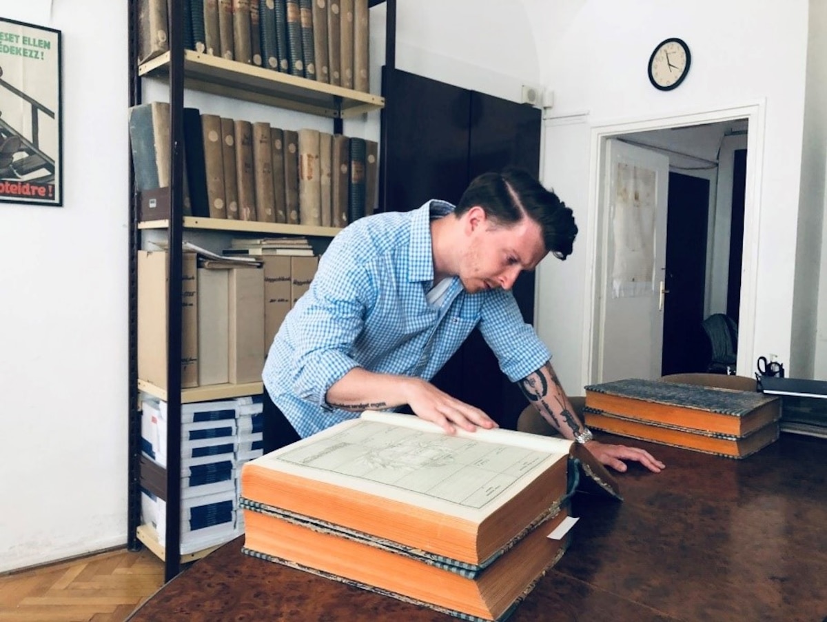 Hungarian LEAP Scholar 1st Lt. Attila Zsigmond researches a mission in Hungary for the Defense POW/MIA Accounting Agency.