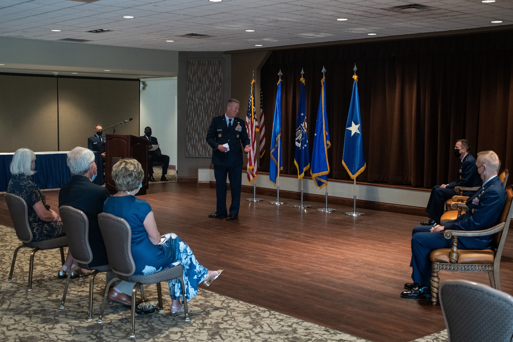 Brig. Gen. Brian Bruckbauer, Air Force Security Assistance and Cooperation Directorate Director, speaks during the AFSAC Change of Leadership Ceremony at the Wright-Patterson Club, August 13, 2021. The ceremony is a symbol of leadership being exchanged from one director to the next. Brig. Gen. Luke Cropsey assumed leadership of AFSAC from Bruckbauer. (U.S. Air Force photo by Tech. Sgt. Matthew B. Fredericks)
