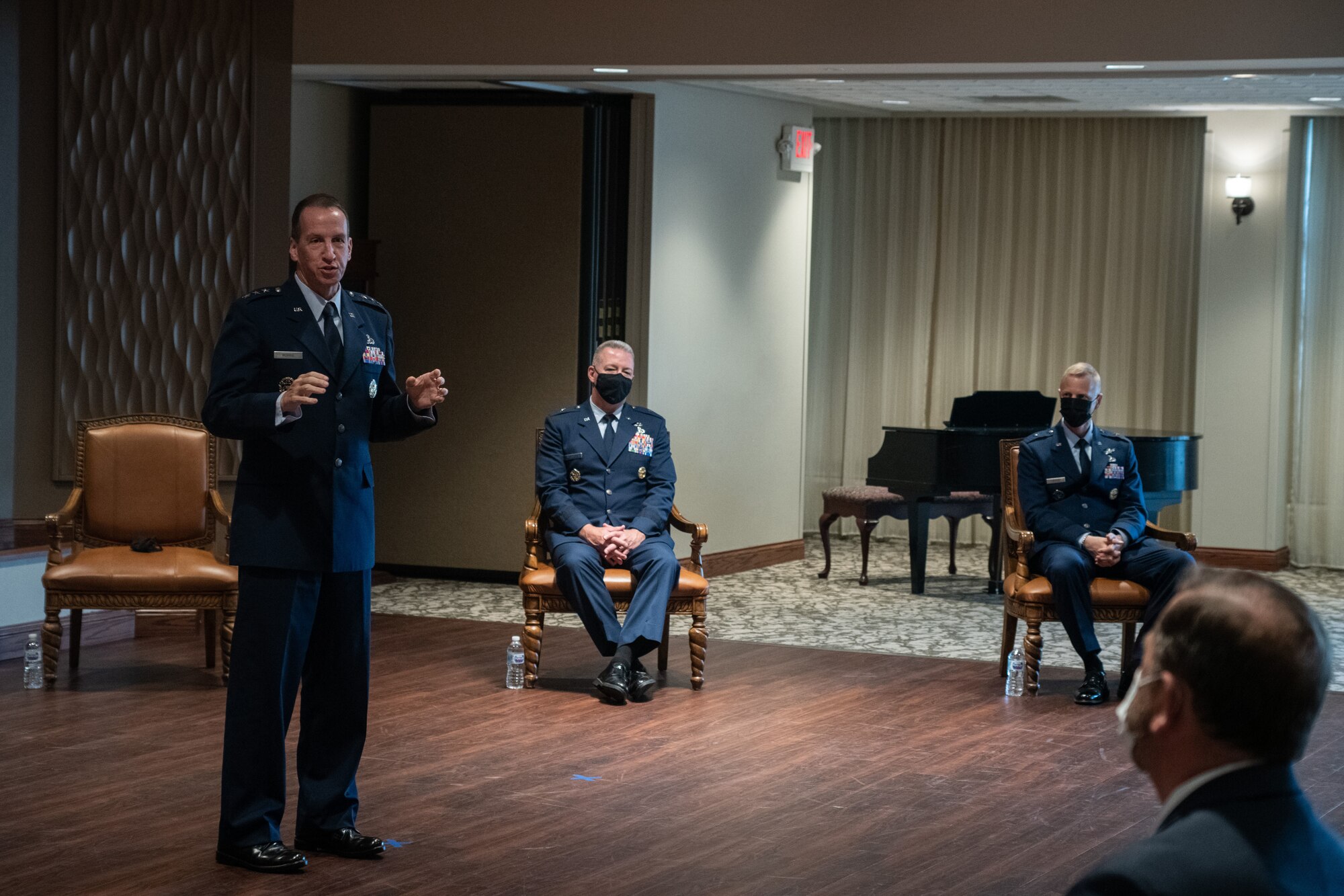 Lt. Gen. Shaun Q. Morris, Air Force Life Cycle Management Center commander, speaks during the Air Force Security Assistance and Cooperation Directorate Change of Leadership Ceremony at the Wright-Patterson Club, August 13, 2021.