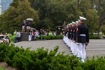 Marines with the Silent Drill Platoon execute their “long line” sequence during an Honor Flight performance at the Marine Corps War Memorial, Arlington, Va., Aug. 18, 2021.