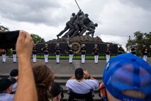 Marines with the Silent Drill Platoon execute their “long line” sequence during an Honor Flight performance at the Marine Corps War Memorial, Arlington, Va., Aug. 18, 2021.